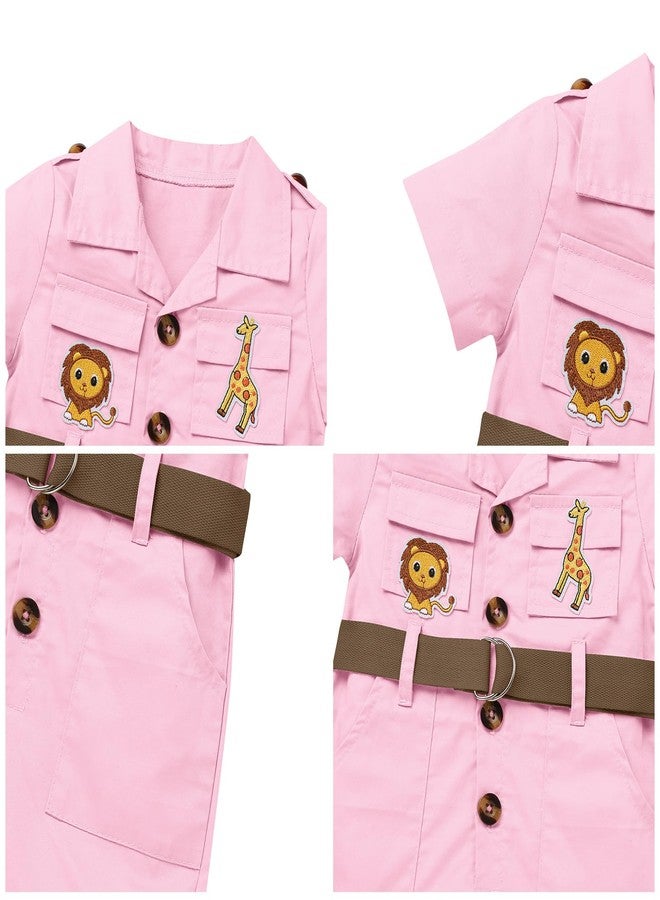 IDOPIP Baby Girls Safari Outfit Jungle One Piece Romper + Hat Jumpsuit Toddler Summer Birthday Party Clothes Set Halloween Overall Shorts Photo Shoot Bodysuit with Belt Pink 2-3 Years - Image 5